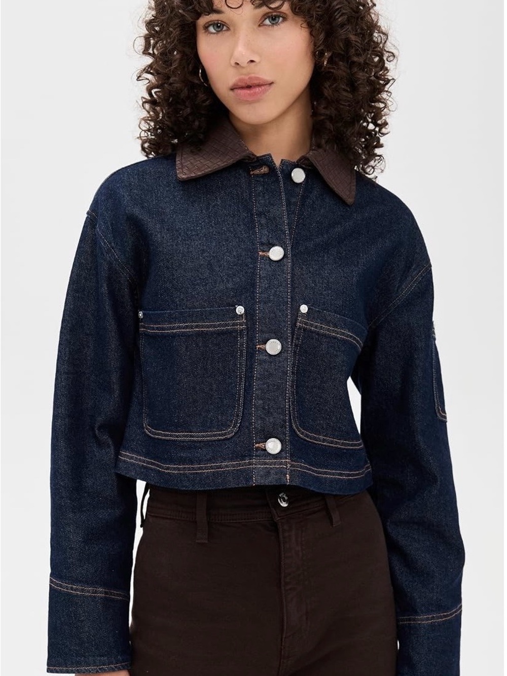 Avec Les Filles Dark Blue Denim Jacket with Brown Collar
